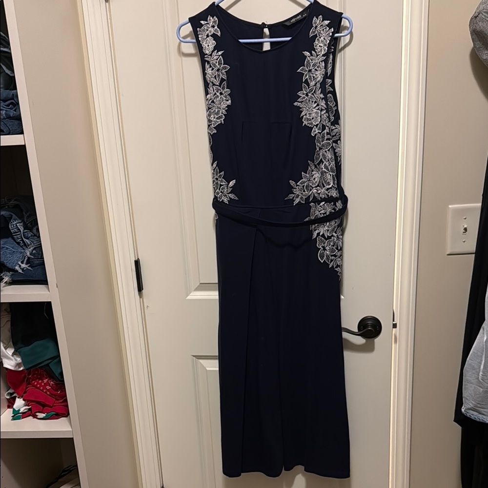 eShakti Blue and Silver Sheath Midi Dress Sleeveless Scoop Neck